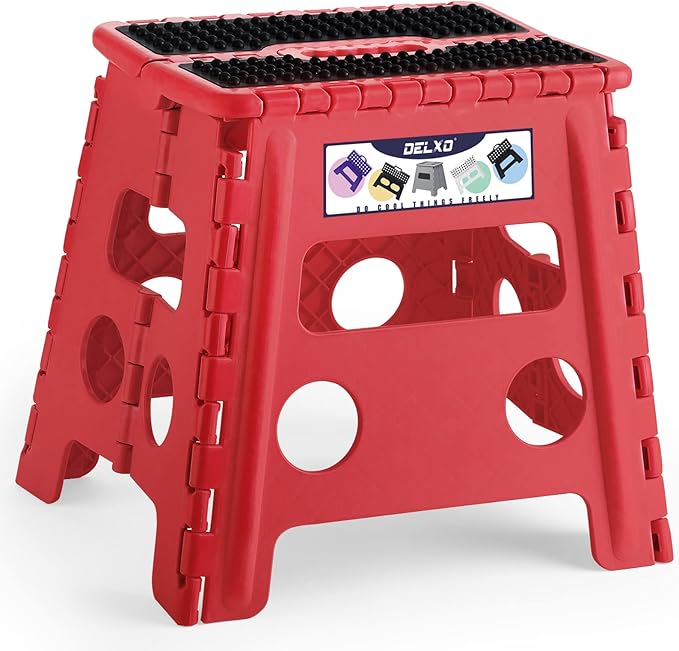 Delxo Folding Step Stool,Non-Slip Stool 13 inch Height Premium Heavy Duty Foldable Stool for Kids and Adults,Kitchen Garden Bathroom Steppingstool 1 Pack in Red,Dotted Texture