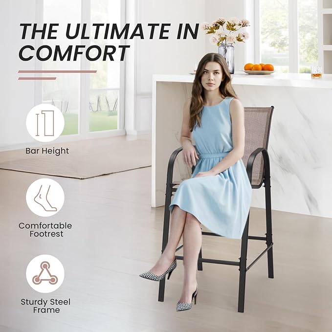 HOMREST Outdoor Bar Height Stools Set of 6,High Back Patio Chairs with Armrests,Textilene Chairs with Breathable Fabric & Metal Frame for All Weather,Taupe