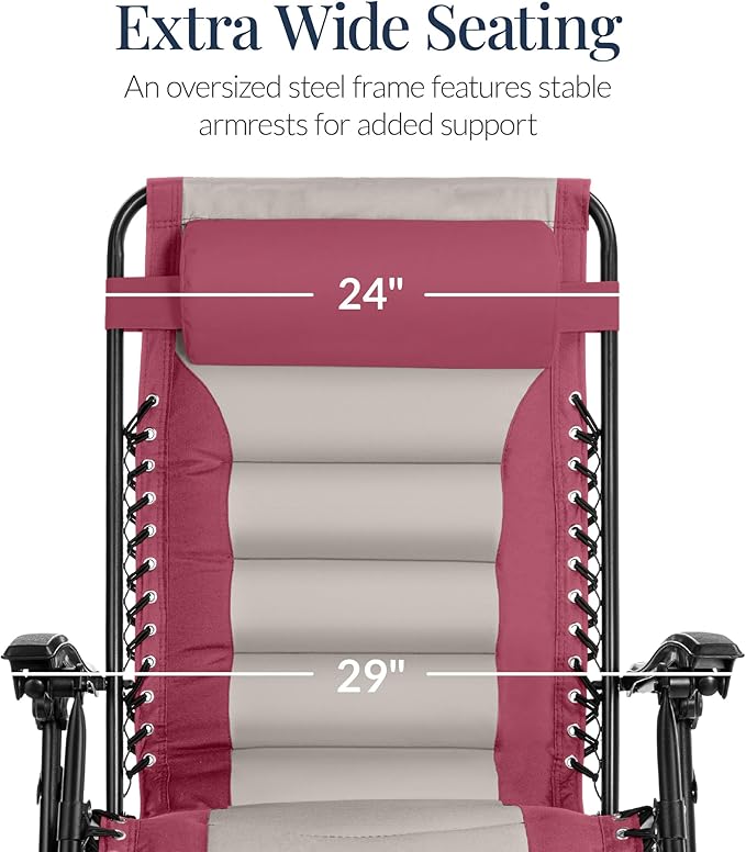 Best Choice Products Oversized Padded Zero Gravity Chair, Folding Outdoor Patio Recliner, XL Anti Gravity Lounger for Backyard w/Headrest, Cup Holder, Side Tray, Polyester Mesh - Pink/Taupe