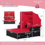 COSTWAY Outdoor Daybed with Retractable Canopy, Wicker Patio Furniture Set with Cushioned Pillows, Patio Rattan Daybed for Deck, Backyard, Poolside (Red)
