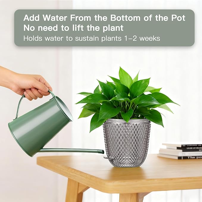 QCQHDU 2 Pack Self Watering Pots, 7.2 Inch Flower Pots with Drainage Holes and Water Filling Port, Garden Planter for Indoor Outdoor Plants (Gray)
