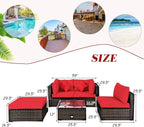 Tangkula 5 Pieces Patio Rattan Furniture Set, Outdoor Sectional Rattan Sofa Set with Back & Seat Cushions, Wicker Conversation Set with Tempered Glass Table for Backyard Porch Poolside (Red)