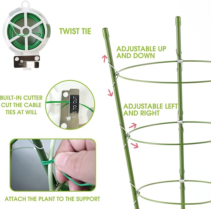 Kgozwon 4 Pack Tomato Cage Plant Support Cages for Garden, 24 inches Trellis for Climbing Plants, Upgrade Garden Plant Stakes with Adjustable Ring, Tomato Rings for Support, with Twist Tie