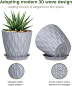 5 inch Plant Pots for Indoor Outdoor Plants, 6 Pack Thick Flower Pots with Drainage Holes and Saucers, 3D Modern Wave Texture Small Plastic Planters Nursery Pots, Speckled Grey