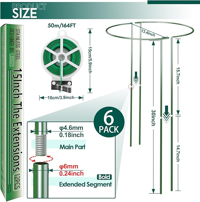 Half Round Plant Support Stakes, 30 Inch Adjustable, Green Coated