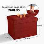 LINMAGCO Small Storage Ottoman Stool Foot Rest Stool Under Desk Stool Short Folding Ottoman Linen Cloth 17X13X13IN(Red)