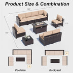 ALAULM 10 Pieces Patio Furniture Set with Propane Fire Pit Table Outdoor Sectional Sofas Patio Conversation Sets 43" Gas Fire Pit Brown PE Rattan Wicker w/8 Seat Cushions-Sand