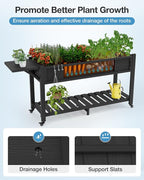 YEFU Raised Garden Bed with Legs: 57x18x30in Elevated Poly Planter with Wheels,Waterproof Mobile Raised Bed Garden, Elevated Planter Box Stand with Storage Shelf,For Deck,Patio,Porch,Yard (Black,4pcs)