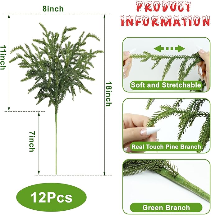 Artificial Pine Greenery Stems, 12 Pcs 18 Inch Green Waterproof