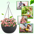12 inch Hanging Planters for Indoor Plants, 2 Pack Planters for Outdoor Plants with Drainage Holes and Chain, Round Plastic Hanging Baskets, Hanging Flower Pots for Balcony Garden Decor-Black