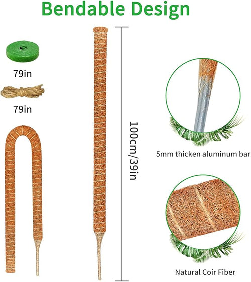 2 Pack 39 Inch Moss Pole Monstera Plant Support, Coir Moss Poles for Climbing Indoor Plants, Bendable Plant Stake Trellis for Potted Plant, Pothos, Philodendron