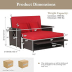 HAPPYGRILL Patio Rattan Wicker Daybed with Loveseat & Storage Ottoman, Outdoor Lounge Sofa Furniture Set with Adjustable Backrest & Side Trays, for Poolside Deck Porch Lawn (Mix Brown & Red)