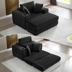 HANXIN 62" Chaise Lounge Chair Indoor, Oversized Corduroy Boneless Convertible Chaise Lounge Couch Sleeper Chair with Ottoman, Deep Seat Reading Chair, No Assembly Required (Black)