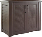 Rubbermaid Decorative Outdoor Storage Cabinet (123 Gal), Weather Resistant, Brown, Organization for Home/Backyard/Pool Chemicals/Toys/Garden Tools/Porch/Patio Cushions