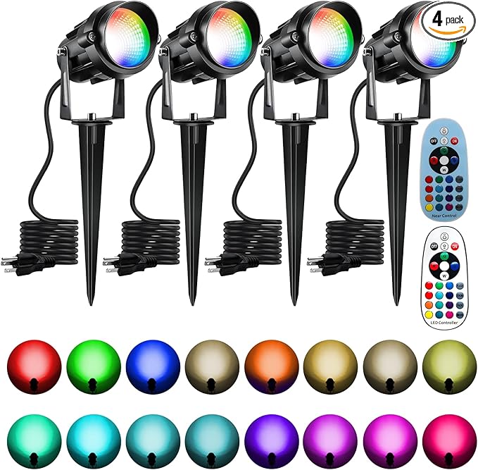 Christmas Spot Lights Outdoor Color Changing Landscape Spotlights,12W RGBW LED Outdoor Spot Lights for Yard Garden Decor,Waterproof 110V Plug in Landscape Lighting with Remote,4 Packs
