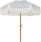 AMMSUN 7ft Patio Umbrella with Fringe Outdoor Tassel Umbrella UPF50+ Premium Steel Pole and Ribs Push Button Tilt, Navy Blue Stripes