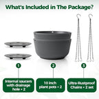 T4U 10 Inch Hanging Planters for Indoor Outdoor Plants, Hanging Plant Pot Pack of 2, Self Watering Hanging Pots with Drainage Hole & Plug & Chain with 3 Hooks for Garden Home Decor, Grey