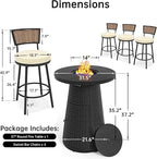PIZZELLO 5-Piece Patio Swivel Bar Set with 37" Height Propane Round Firepit Table and High Swivel Stools Chair Set of 4, Outdoor High Top Bistro Set for Poolside, Garden, Balcony(Black)
