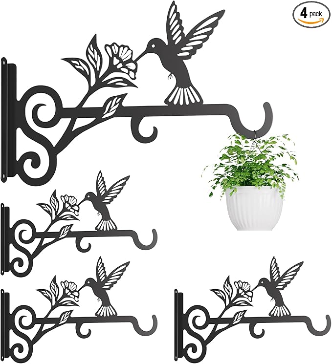 4-Pack Aesthetic Plant Hangers Outdoor – 10 Inch Metal Hanging Plant Bracket with Beautiful Hummingbird Pattern – Anti Rust Plant Hooks for Hanging Plants, Bird Feeder, Windchime, Lantern