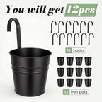 HowRU Hanging Flower Pots, Railing Planter Box for Outdoor Plants 12 Pack 5 Inch Metal Hanging Planters with Detachable Hooks Balcony Window Fence Garden Decoration Flower Boxes (Black)