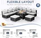 NICESOUL 10 Piece Modern Outdoor Patio Furniture Set with Firepit Natural Gas Propane Convertible, 29.3'' High Back Extra Large Size Wicker Conversation, Deep Wide Comfortable Couch for Outside, Grey
