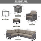 Belord Patio Sectional Furniture Set with Fire Pit Table: 8 Pieces Wicker Patio Conversation Set with L Shaped Sofa, Outdoor Swivel Glider Rocker, Rattan Ottomans, Removable Cushions Grey
