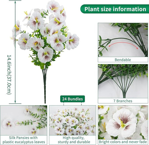 24 Bundles Artificial Pansy Flowers for Outdoor, Faux Silk Pansies Spring Flowers Outside for Planter Front Door Porch Patio Yard Window Box Home Decor (White)