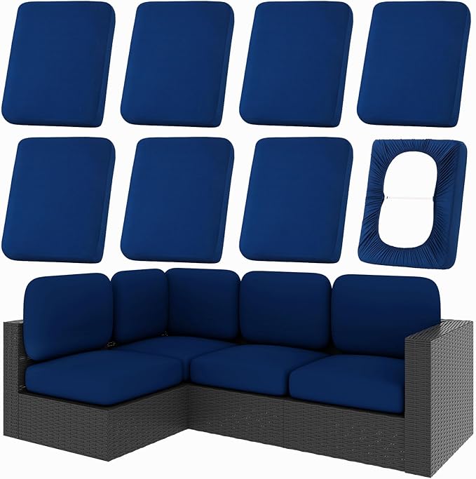 Patio Cushion Covers, 8-Piece Navy Stretch Set with Non-Slip Straps