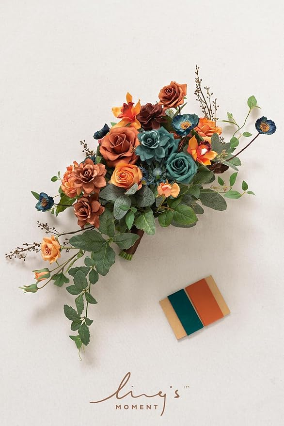 Artificial Bridal Bouquet with Pearls, Teal and Orange Silk Flowers