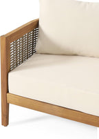 Merax 76.5" Outdoor Acacia Wood Wicker 3 Seater Sofa, Patio Furniture Couch for Backyard