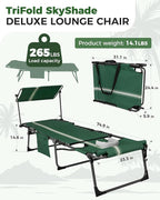 KingCamp 2 Pack Lounge Chair Outdoor with Canopy & Face Hole, Adjustable 5-Position Folding Chaise Tanning Recliner Portable Comfy Chaiser for Camping Outside Patio Pool Beach, Green/White