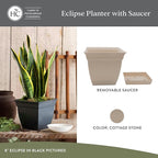 The HC Companies Eclipse Square Plastic Planter w/ Attached Saucer - Outdoor & Indoor Plant Pot with Drainage Holes - Lightweight, UV-Resistant Plastic Pots For Plants (12" Cottage Stone, Pack of 1)