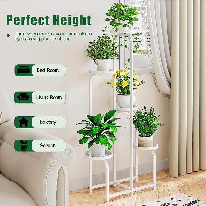 Plant Stand Indoor Outdoor 5 Tier Metal Plant Shelf for Multiple Plants Corner Flower Holders for Living Room Balcony Bedroom Patio Garden, Black (White, 5-Tier)
