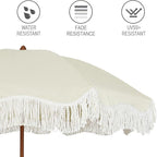 AMMSUN 6.5ft Boho Outdoor Umbrella with Fringe, UPF 50+ Picnic Umbrella with Tassels, Premium Steel Pole and Push Button Tilt, Light Beige
