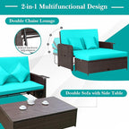 Nightcore Wicker Patio Outdoor Daybed, Outdoor Chaise Lounger w/ 4-Level Adjustable Backrest, Retractable Side Trays, Storage Ottoman, Comfortable & Removable Cushions, Rattan Loveseat (Turquoise)