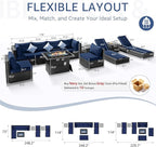 NICESOUL 11 Piece Outdoor Sectional with Fire Pit Table, 29.3'' High Back Rattan Patio Furniture Set with Firepit & Chaise Lounge, Large Deep Outdoor Sectional, 2 Color Cushion Navy Blue & Grey