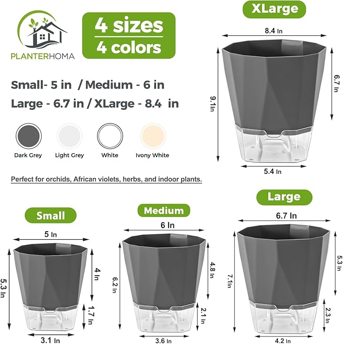 12 Pack Self Watering Plant Pots 6 Inches Self-Watering Planters for Indoor and Outdoor Plants African Violet Succulent Pots Clear Pot for Plants Large Herb Orchid Flower Houseplant Plant, Dark Grey