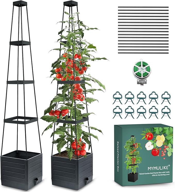 Raised Garden Bed Tomato Planter with Trellis, 58" Tomato Cage for Climbing Vegetables Plant, Self Watering Pots for Indoor Plants Garden Pots Patio Greenhouse Indoor Outdoor