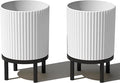Veradek Demi Series Round Planter w/Stand for Porch/Patio | Durable Plastic-Stone Composite & Wooden Stand | Modern Décor for Tall Plants, Flowers