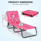 GYMAX Tanning Chair, 350lbs Beach Lounge Chair with Face Hole, Washable Pillow & Carry Strap, Adjustable Folding Chaise Lounge, Layout Lounger for Outside, Patio, Poolside, Lawn (1, Pink Stripe)