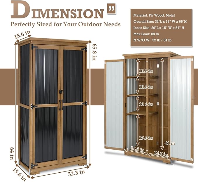 Outdoor Storage Cabinet Waterproof with Shelves, Small Storage Shed, Vertical Tall Patio Backyard Garden Storage Cabinet Tool Organizer for Outside