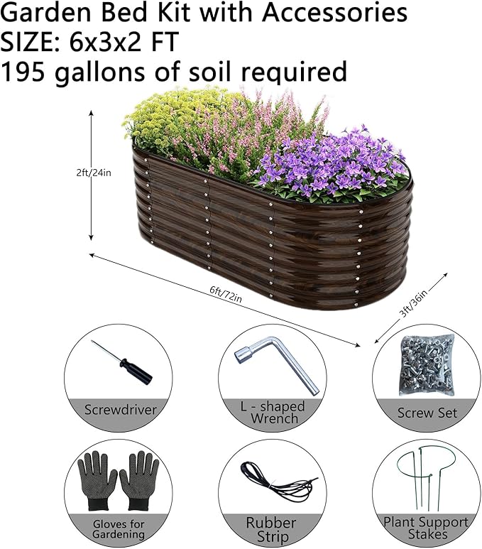 Galvanized Metal Planter Round Raised Garden Bed Kit for Gardening Outdoor Garden Box Raised Flower Bed 1CP Wooden Color 6X3X2F