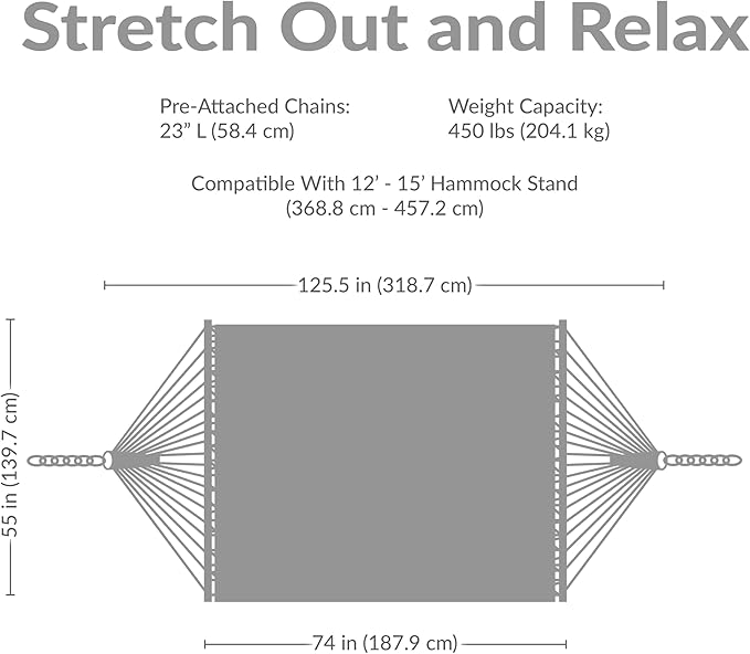 Sunnydaze Quilted Outdoor Hammock with Spreader Bars - Heavy-Duty 450-Pound Capacity Double Hammock for Outside - Breakwater Stripe