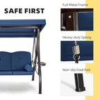 HOMREST 3 Seat Outdoor Porch Swing with 1.5" Deepened Cup Holder, Adjustable Canopy, Patio Swing Bed with Stand, Patio Glider Swing with Thicken Cushions, Pillow for Yard, Garden(Blue)