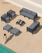 SERWALL HDPE Patio Furniture Set, 2 Pieces Outdoor Sectional Sofa Set, All-Weather Wood-Like Outdoor Sofa Couch with Coffee Table for Deck, Lawn, Black Frame with Grey Cushion