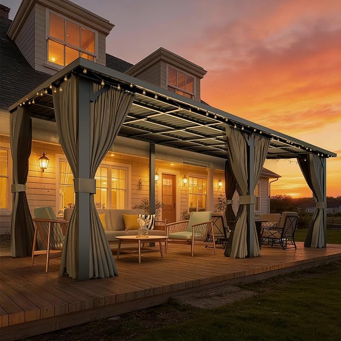 AECOJOY 20'x10' Outdoor Hardtop Metal Gazebo with Curtains and Netting for Patio, Large 10x20 Lean to Heavy Duty Wall Mounted Pergolas and Grill Gazebos Clearance, Patio Steel Roof Awnings for Decks
