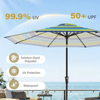 MEWAY 9ft Patio Umbrella Outdoor Table Umbrellas with Push Button Tilt and Crank, Market Umbrella 8 Sturdy Ribs for Deck, Garden, Pool and Backyard, Blue-Green Stripe