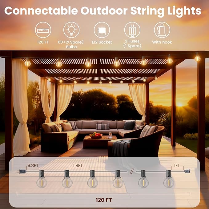 RTTY Dense-Glow Outdoor String Lights 120ft, G40 Led Patio Globe Lights with 62pcs Bulbs,Shatterproof Waterproof Connectable Hanging for Porch Cafe Bistro Backyard Gazebo Balcony Deck Party