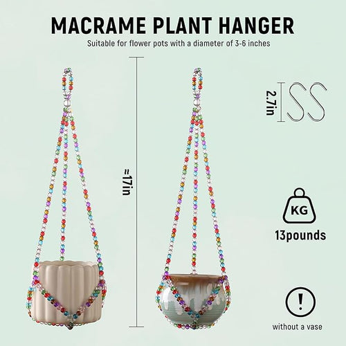 17''，2 Pack Macrame Plant Hanger, Handmade Glass Bead Plant Hanger Colorful Decorative Bohemian Hanging Planter Holder for Indoor and Outdoor Home Garden Decor. Includes Two Hooks.