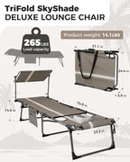 KingCamp Tanning Chair with Face Hole, Lounge Chairs Outdoor Folding Comfy Adjustable 5-Position Foldable Chaise Chaser with Canopy Shade for Outside Beach Patio Sun Bathing Pool, Beige/White